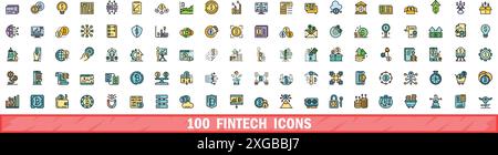 100 fintech icons set. Color line set of fintech vector icons thin line color flat on white Stock Vector