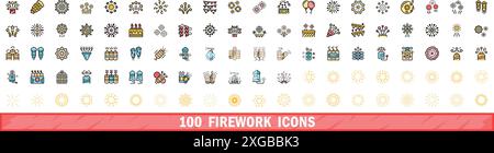 100 firework icons set. Color line set of firework vector icons thin line color flat on white Stock Vector