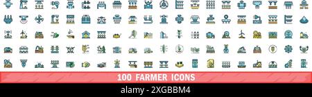 100 farmer icons set. Color line set of farmer vector icons thin line color flat on white Stock Vector
