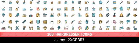 100 hairdresser icons set. Color line set of hairdresser vector icons thin line color flat on white Stock Vector