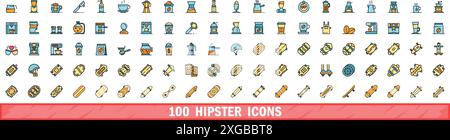 100 hipster icons set. Color line set of hipster vector icons thin line color flat on white Stock Vector