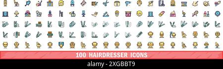 100 hairdresser icons set. Color line set of hairdresser vector icons thin line color flat on white Stock Vector