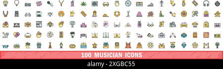 100 musician icons set. Color line set of musician vector icons thin line color flat on white Stock Vector