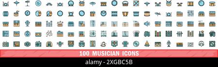 100 musician icons set. Color line set of musician vector icons thin line color flat on white Stock Vector