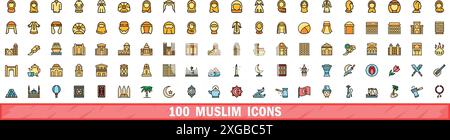 100 muslim icons set. Color line set of muslim vector icons thin line color flat on white Stock Vector