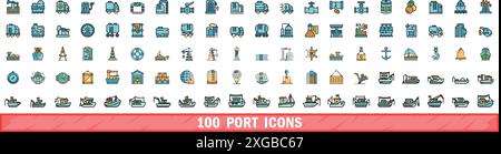 100 port icons set. Color line set of port vector icons thin line color flat on white Stock Vector
