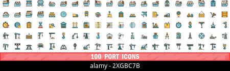 100 port icons set. Color line set of port vector icons thin line color flat on white Stock Vector