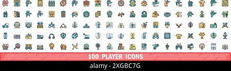 100 player icons set. Color line set of player vector icons thin line color flat on white Stock Vector