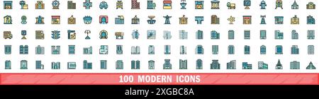 100 modern icons set. Color line set of modern vector icons thin line color flat on white Stock Vector