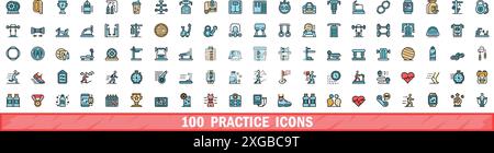 100 practice icons set. Color line set of practice vector icons thin line color flat on white Stock Vector