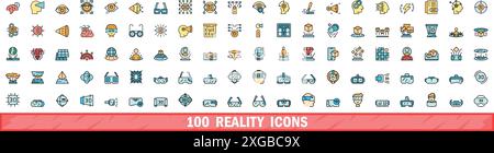 100 reality icons set. Color line set of reality vector icons thin line color flat on white Stock Vector