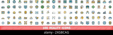 100 reality icons set. Color line set of reality vector icons thin line color flat on white Stock Vector