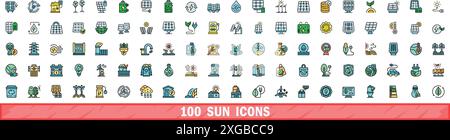 100 sun icons set. Color line set of sun vector icons thin line color flat on white Stock Vector