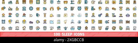 100 sleep icons set. Color line set of sleep vector icons thin line color flat on white Stock Vector