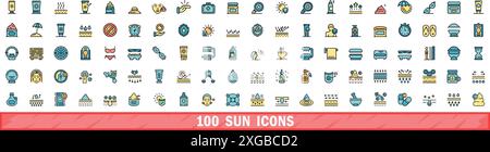 100 sun icons set. Color line set of sun vector icons thin line color flat on white Stock Vector
