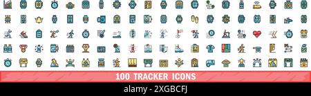 100 tracker icons set. Color line set of tracker vector icons thin line color flat on white Stock Vector
