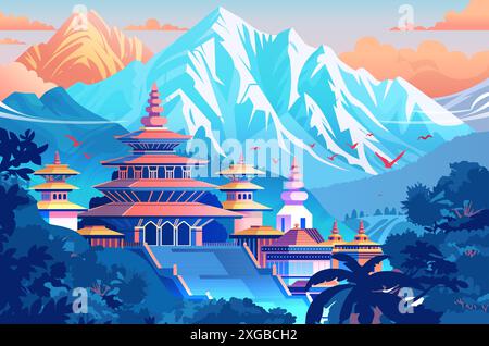 Colorful pagoda temple with majestic snow-capped mountains birds and lush greenery in the background Stock Vector