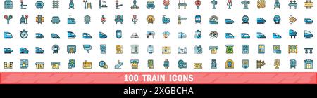 100 train icons set. Color line set of train vector icons thin line color flat on white Stock Vector