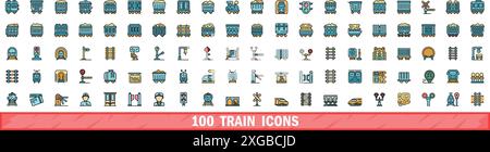 100 train icons set. Color line set of train vector icons thin line color flat on white Stock Vector