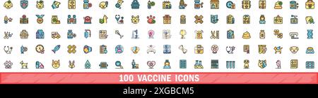 100 vaccine icons set. Color line set of vaccine vector icons thin line color flat on white Stock Vector