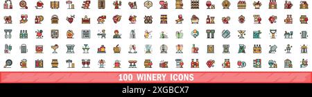 100 winery icons set. Color line set of winery vector icons thin line color flat on white Stock Vector