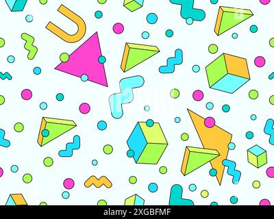 Geometric seamless pattern in 80s style. Colorful geometric pattern with isometric geometric 3D shapes. Design of promotional products, wrapping paper Stock Vector