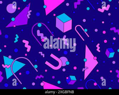 Geometric seamless pattern in 80s style. Colorful geometric pattern with isometric geometric 3D shapes. Design of promotional products, wrapping paper Stock Vector