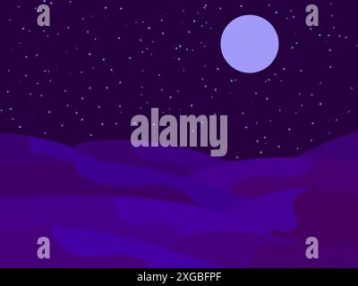 Night landscape with starry sky and moon, wavy desert landscape. Night view of the desert with stars in the sky. Design for banner, poster and cover p Stock Vector