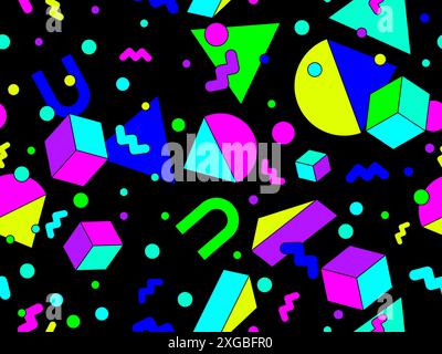Geometric seamless pattern in 80s style. Colorful geometric pattern with isometric geometric 3D shapes. Design of promotional products, wrapping paper Stock Vector