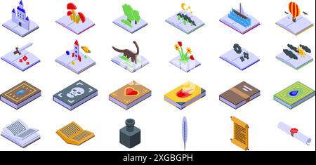 Fantasy paper book icons set. Open books are showing different stories and genres with isometric illustrations, representing the power of imagination and the diversity of literature Stock Vector