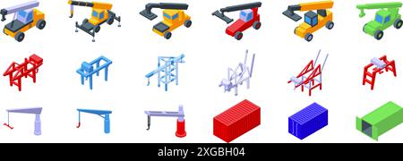 Crane lifting maritime container icons set. Collection of colorful isometric icons representing port cranes and transportation vehicles lifting cargo containers Stock Vector