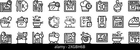 Cook time icons set. Chefs cooking food using different kitchen timers icons set. Outline set of chefs cooking food using different kitchen timers vector icons for web design isolated on white background Stock Vector