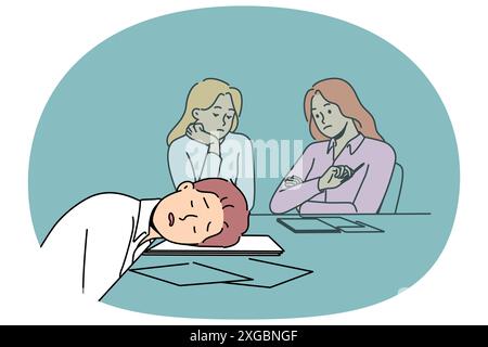 Lazy man sleeps on business meeting due to lack of ambition and motivation to work productively. Lazy guy and colleagues are sitting at table with documents in conference room waiting for boss to come Stock Vector