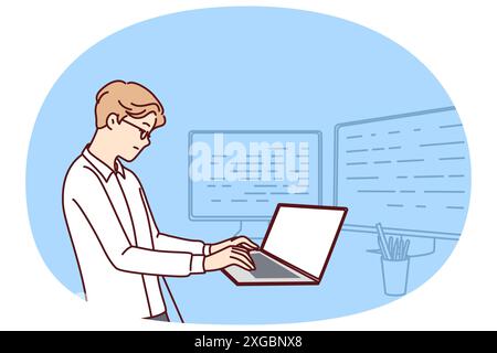 Man software developer is standing at table with laptop and monitors creating server applications. Dispatcher guy works as it analyst using software to monitor load on company computer systems. Stock Vector
