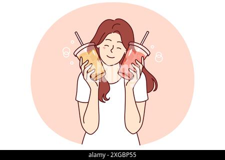 Woman holds two plastic cups with lemonade or soda bought at coffee shop or ordered at takeaway restaurant. Girl in casual t-shirt with iced lemonade wants to cool off after hot summer walk Stock Vector