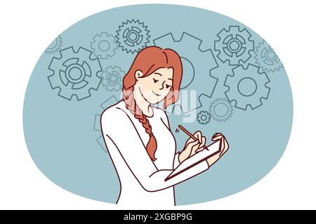 Positive woman is making checklist for improving business performance by making notes in notebook standing near gears. Concept of planning when doing business and drawing up strategic plans Stock Vector