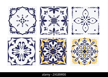 Creative arts blue and yellow floral tiles on white background Stock Vector