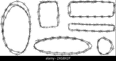 Set of barbed wire frames with different shapes. Concept of protection, danger or security. Hand drawn in sketch style. Vector illustration Stock Vector