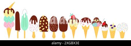 ice cream in waffle cones and popsicles Stock Vector