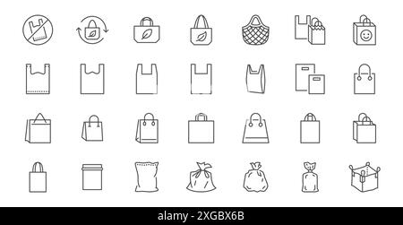 Plastic bag line icon set. Recyclable polyethylene, shopping pouch, zipper lock, garbage disposal minimal vector illustrations. Simple outline signs Stock Vector