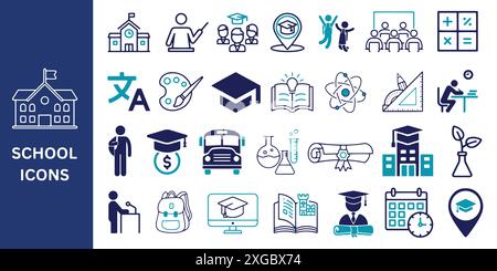 School Icon Set. School, teacher, students, classroom, education, and knowledge, icons. Vector illustration. Stock Vector