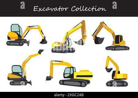 excavator collection. excavator in different poses. Vector illustration. Stock Vector