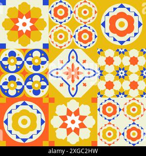 Tile pattern in the Portuguese style. Blue, bright yellow and orange colors create a feeling of summer and a Mediterranean mood. Stock Vector
