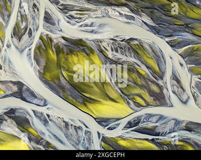 Iceland, South Iceland, Seljalandfoss, glacial rivers (aerial view) Stock Photo