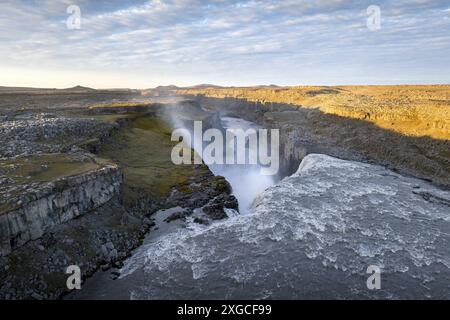 Iceland, North East Iceland, Jokulsargljufur National Park, Dettifoss Waterfall, waterfall with the greatest volume of any waterfall in Europe (aerial view) Stock Photo