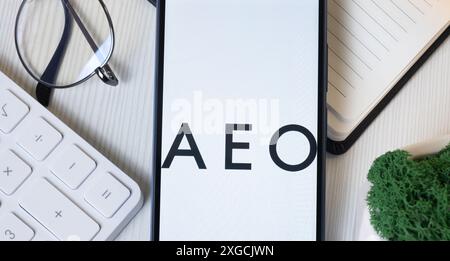 New York, USA - 11 June 2024: American Eagle Outfitters Logo on Phone Screen, AEO Company Icon. Stock Photo