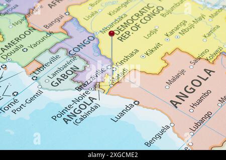 Close up to a Matadi city with a red pin needle into Democratic Republic of the Congo country political map Stock Photo