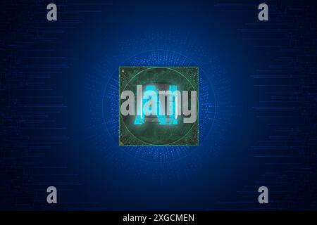Advanced Mobile Microprocessor Connecting with a Motherboard and Activates entire System. AI Letters on Chip Glowing. Energy Pulse Expanding after CPU Stock Photo