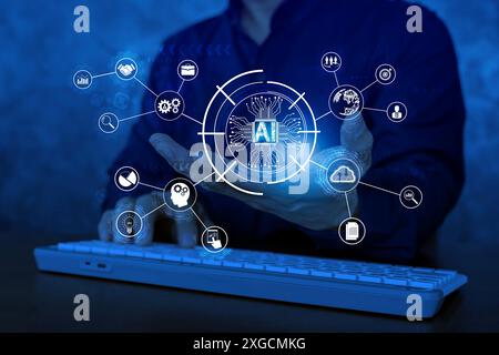 Computer and hands close up. The concept of artificial intelligence and computer technology. Hologram technology. Business technology link digital mar Stock Photo