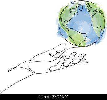 Continuous line drawing of human hand holding world planet earth. Minimal style vector illustration Stock Vector